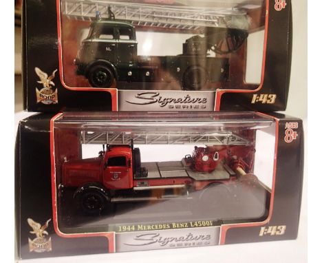 Two signature models 1/43 scale fire engines 1962 DAF A1600 and 1944 Mercedes Benz L4500F, both in excellent condition, boxed