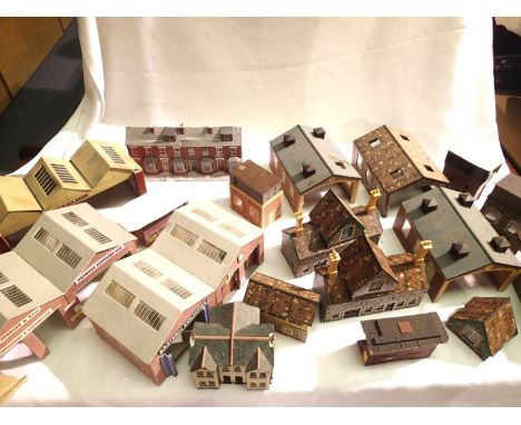 Quantity of OO scale Hornby plastic and card buildings, including stations, platforms, sheds, signal boxes, some require atte