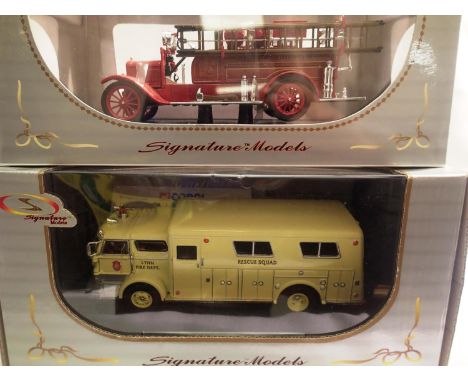 Two signature model 1/43 scale fire engines 1926 Ford model T fire truck and 1960 Mack C rescue box, both in excellent condit