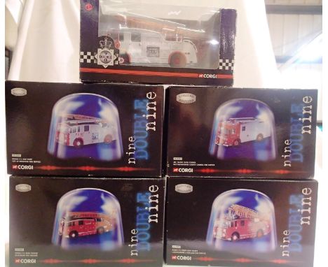 Five Corgi 9double9 UK fire engines CC13002, CC13001, CC10306, CC13004, CC13011, all in very good condition, wear to boxes. P