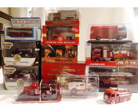 Thirteen assorted fire engines, various makes, scales and types, mostly in very good condition, boxes fair to good, some wron