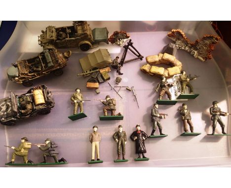 Unimax cast resin military vehicles, app 1/35 scale, Jeep, schwimm wagon and Kubelwagon. Plus a selection of blue box figures