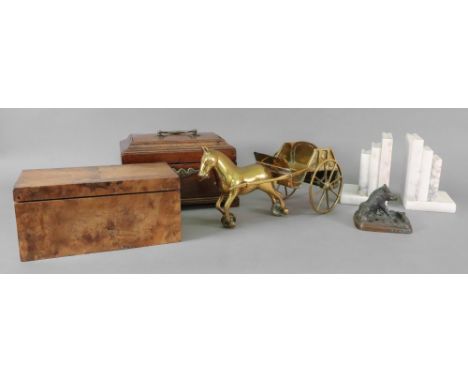 A George III rectangular mahogany tea caddy, fittings lacking, on shaped apron stand, 22cm wide x 13.5cm deep x 17cm high, a 
