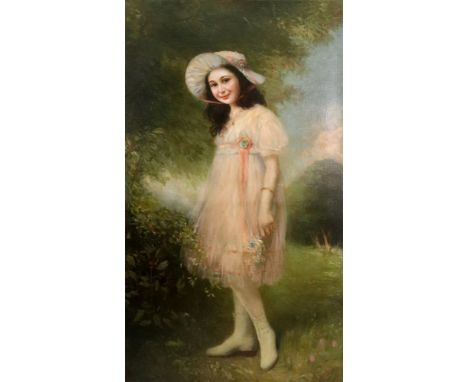 Geza Polgary (Hungarian, 1862-1920), A portrait of a girl, believed to be Sylvia Kosse, in a dress and hat, carrying a bouque