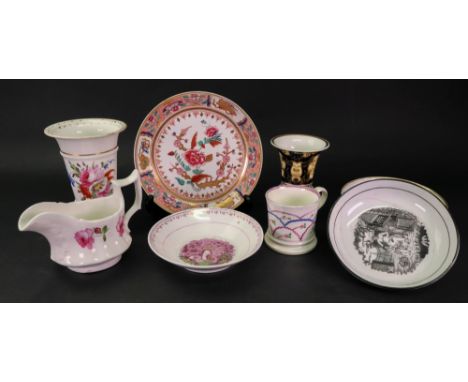 A group of English porcelain, late 18th and 19th century, comprising: two late 18th century saucers, two bat printed saucers,