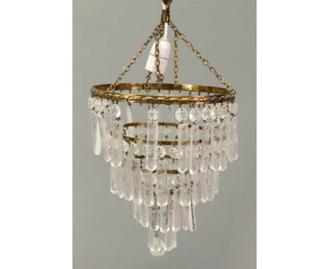 A gilt metal frame and glass pendant hanging light fitting, 20th century, the four graduated circular tiers hung with facet c