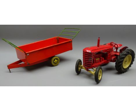 Lesney Major Scale diecast Massey Harris 745 Tractor, and a tinplate tipping Farm Trailer, (2)   Condition Report  Models: Pa