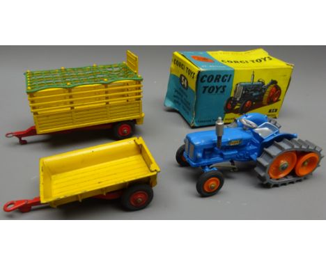 Corgi diecast Fordson Power Major Tractor with Tracks,No.54 boxed, Beast Carrier red & yellow with green netting & 30cwt Tipp