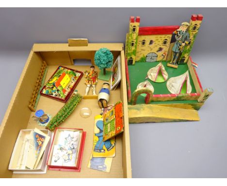 Hand crafted painted wooden castle, two vintage military stand ups, teepee's, German farmstead stand ups, early 20th century 