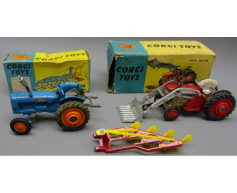 Corgi diecast Massey-Ferguson 65 Tractor with Fork No.57, and four Furrrow Plough No.56, both boxed and lack drivers & Fordso
