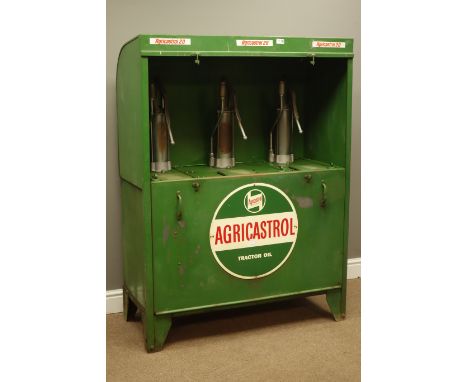 Vintage Agricastrol Tractor Oil dispensing cabinet, original green painted finish with circular advertising sign, W104cm, H14