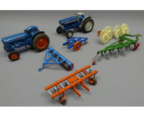 Britains Farm Implements: Fordson 500 & Super Major Tractors, Roller, Three & Four Furrow Ploughs, Cultvator, Acrobatic Rake,