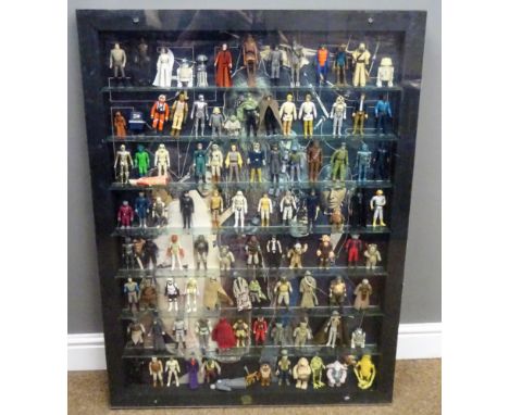 Set of 1970's Kenner Star Wars action figures, in display case with original poster backing, c98, H102cm x W76cm x D5cm    Co