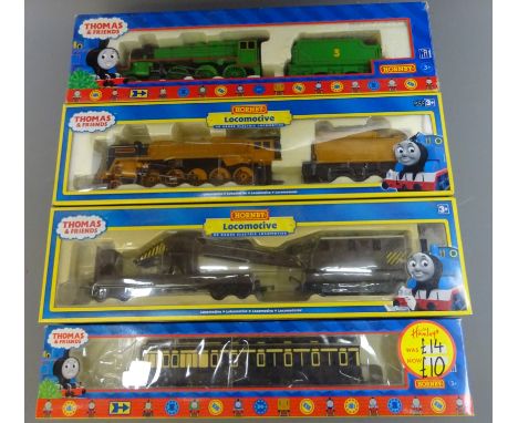 Three Hornby 'Thomas & Friends' locomotives, breakdown crane 'R9691', Henry the green engine 'R9049' and Murdoch 'R9684' and 