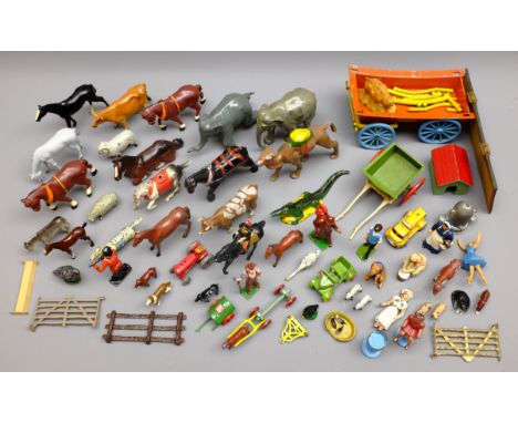 Collection of Lead Farm & Zoo animals etc including Charbens Vauxhall, Circus Horse & Acrobat, and Log Wagon, Matchbox Bedfor