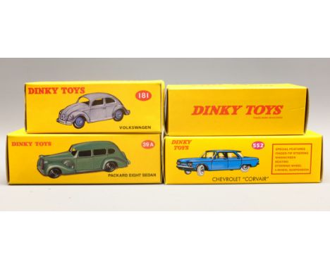 Dinky Atlas Vehicles: Packard Eight 39A, VW 181, Swiss Post VW 262, Chevrolet 'Corvair' 552, boxed (4)   Condition Report  Mi