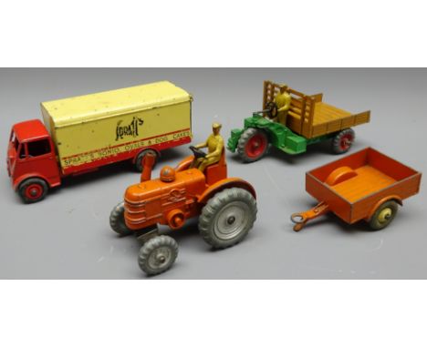 Dinky Supertoys Guy 'Spratts' van, black tyres, Dinky Motocart, dark Tan back, light Driver, Field Marshal Tractor, silver me