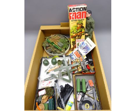 Action Man soldier by Palitoy, Action Man accessories including uniform, 81-mm Mortar, Action Man manuals etc and re-issue Ha