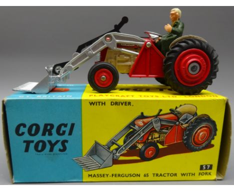 Corgi diecast Massey-Ferguson 65 Tractor with Fork and grey haired Driver, No.57 boxed   Condition Report  Model Ex-M with fe