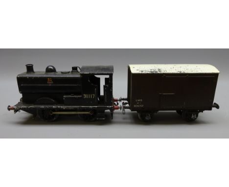 Leeds Model Co O Gauge 0-4-0 tank engine No.31117, BR Black, three rail, with LMS 12t wagon (2)   Condition Report   Click he