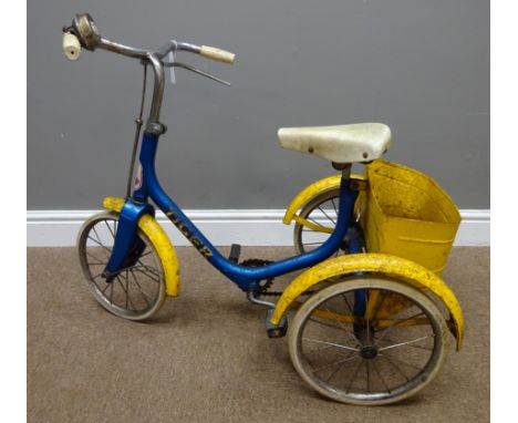 Childs Vintage Raleigh Tiger Trike. blue frame with yellow mudguards and basket, solid tyres with rood brake   Condition Repo
