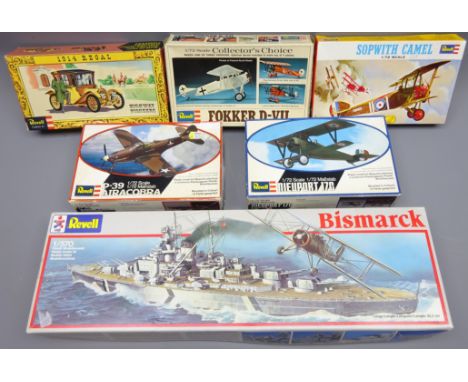 Revell Highway Pioneers 1914 Regal model kit, five Revell 1/72 scale aircraft kits, and 1/570 model Bismark boxed  (7)    Con