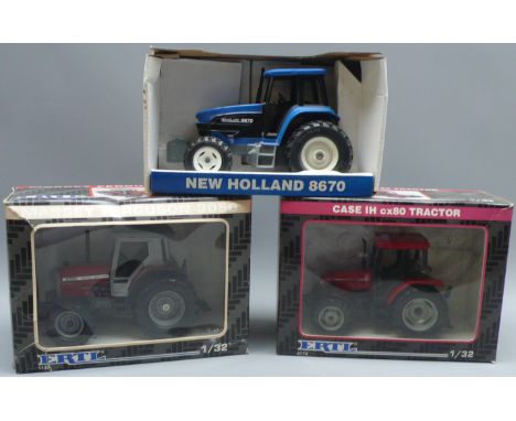 Ertl 1/32 scale diecast metal & plastic Case IH cx80, No.4774, Massey Ferguson 3050 No.1139 & New Holland 8670 No.313 Tractor