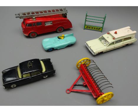 Dinky diecast Vehicles: Fire Engine 955, Superior Criterion with patient, Jaguar Type D, Humber Hawk Police, Hay Rake, & Dunl