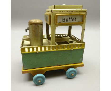 Marklin tinplate 1 gauge Buffet Trolley, grey canopy and green body on blue wheels, L11cm   Condition Report  Lacks light and