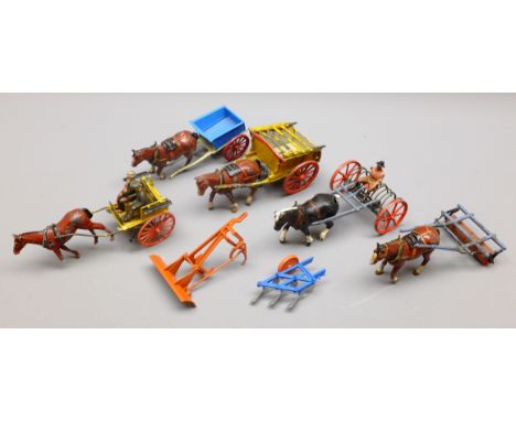 Britains Lead Horse Drawn Farm Implements: Horse Rake & Roller, Farm & Tumbrel Cart and Farmer's Gig, with Disc Harrow and Mu