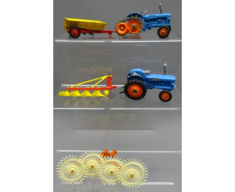 Corgi diecast Fordson Power Major Tractor with Tracks, similar without, Ford Tipper Trailer, Four Furrow Plough, & Hay Turner