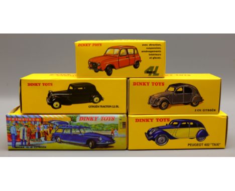 Dinky Atlas French Car models: Peugeot Taxi 24L, Renault 4 518, Citroen Traction 24N, 2CV 25T, Break ID 539, boxed (5)   Cond