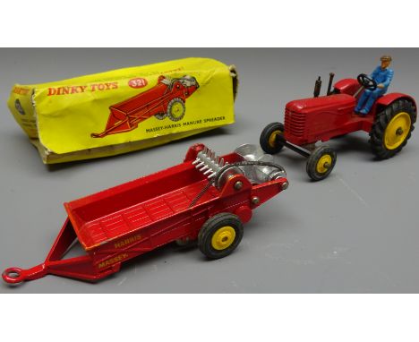Dinky diecast Massey-Harris Manure Spreader No.321 in original yellow pictorial box & MH Tractor 301 with yellow hubs & blue 