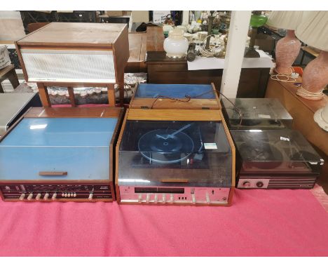 Three vintage Dynatron record decks, two Ferguson decks and a Dancette record player.