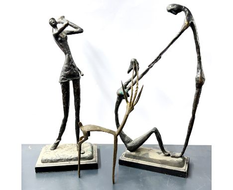 Two interesting bronze sculptures, tallest 39cm. Together with an African bronze figure of an animal.