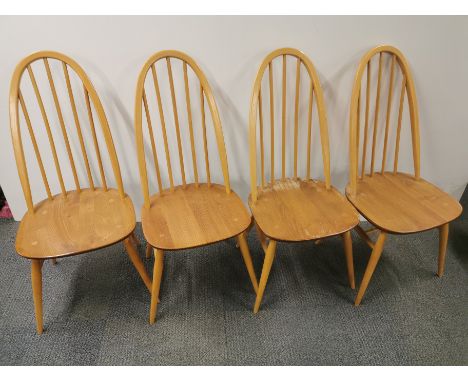 A set of four vintage Ercol blonde Quaker dining chairs (365), H. 96cm.