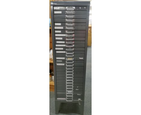 A vintage metal collectors cabinet, size 28 x 41 x 100cm.
