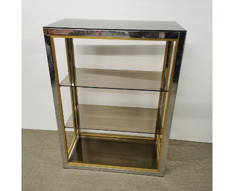 A vintage chrome bookshelf/ display stand with smoked glass shelves, 104 x 76 x 37cm.