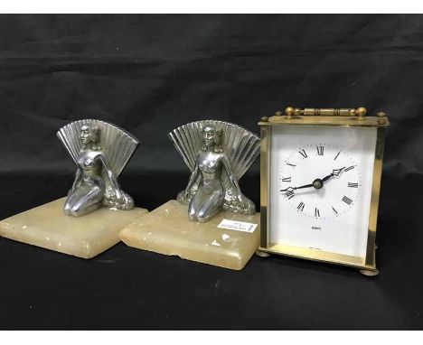 PAIR OF ART DECO STYLE BOOKENDS modelled as females on marble plinths,along with another pair of bookends, German carriage cl