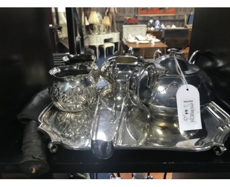 LOT OF SILVER PLATE including a three piece tea service, square salver and two fern pots, a pair of tongs, and a Kukri knife