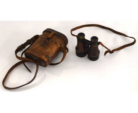 First World War pair of leather cladded French made Binoculars in leather case dated 1918 with British Govt Issue War Departm