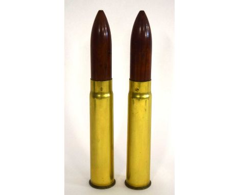 Two Victorian Wooden tipped inert blank artillery rounds with brass shell casings. casings and heads stamped R (Crows foot) L