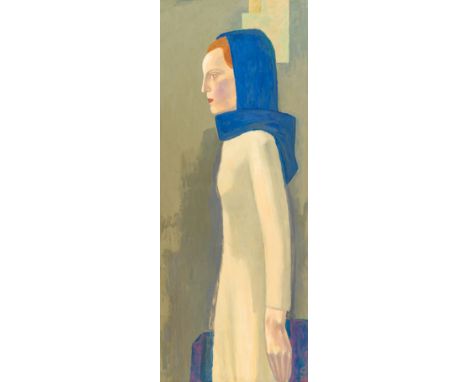 Karl SterrerDame mit blauem Kopftuch1967-68Öl auf Hartfaserplatte; gerahmt154 x 60 cmSigniert und datiert entlang des linken 