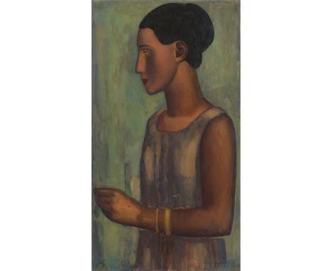 Karl SterrerFrauenfigur1957Öl auf Hartfaserplatte; gerahmt100 x 54,5 cmSigniert rechts unten: K. STERRERDatiert links unten: 