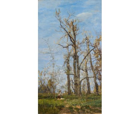 Tina BlauPartie aus dem Prater (Frühling)um 1880/81Öl auf Leinwand83 x 47,5 cmSigniert rechts unten: T. BlauRückseitig auf Et