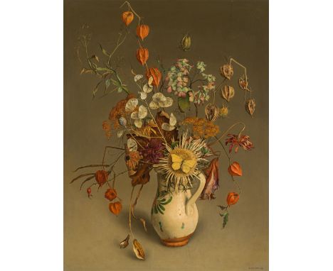 Rudolf WackerHerbststrauß mit Zitronenfalter1937Öl auf Sperrholz; gerahmt65 x 50 cmSigniert und datiert rechts unten: R. Wack