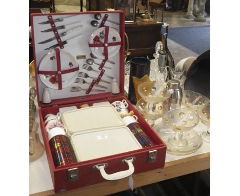 A vintage Brexton picnic hamper, a cut-glass decanter and similar glassware