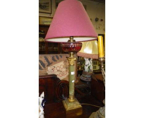 A Victorian style alabaster and brass oil lamp with Corinthian column and red overlaid cut-glass font (converted to electrici