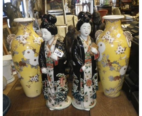 A pair of yellow ground Japanese vases and a pair of similar ceramic studies of Oriental women