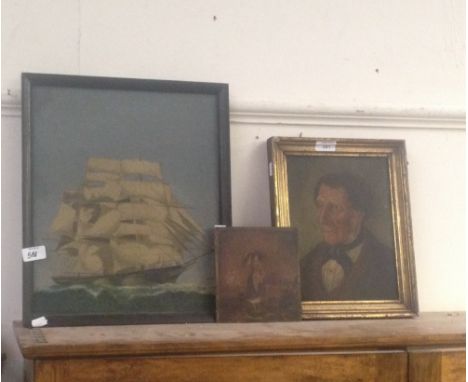 A naive oil on canvas painting of a fully rigged ship, a portrait of a 19th century man and a small study of a woman carrying
